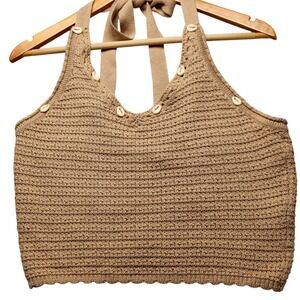 Sincerely Jules Tan Crochet Halter Crop‎ Top NWT Shell Embellished Boho Beach M